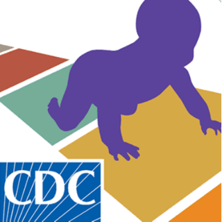Purple baby crawling on multi-colored path - CDC logo